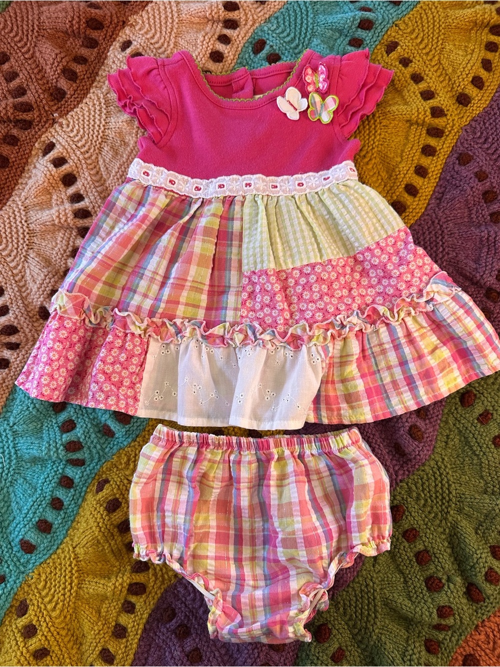 Y2K Butterfly Pink Patchwork Plaid Dress Bloomers Set 12 Month